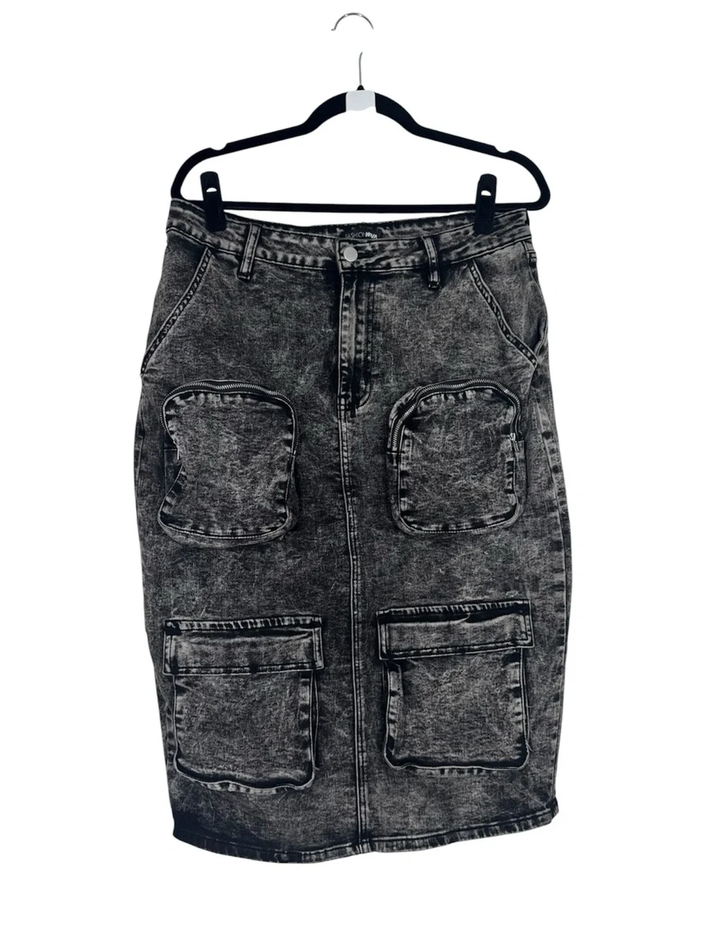 Fashion Nova Black Acid-Wash Midi Skirt with Patch Pockets